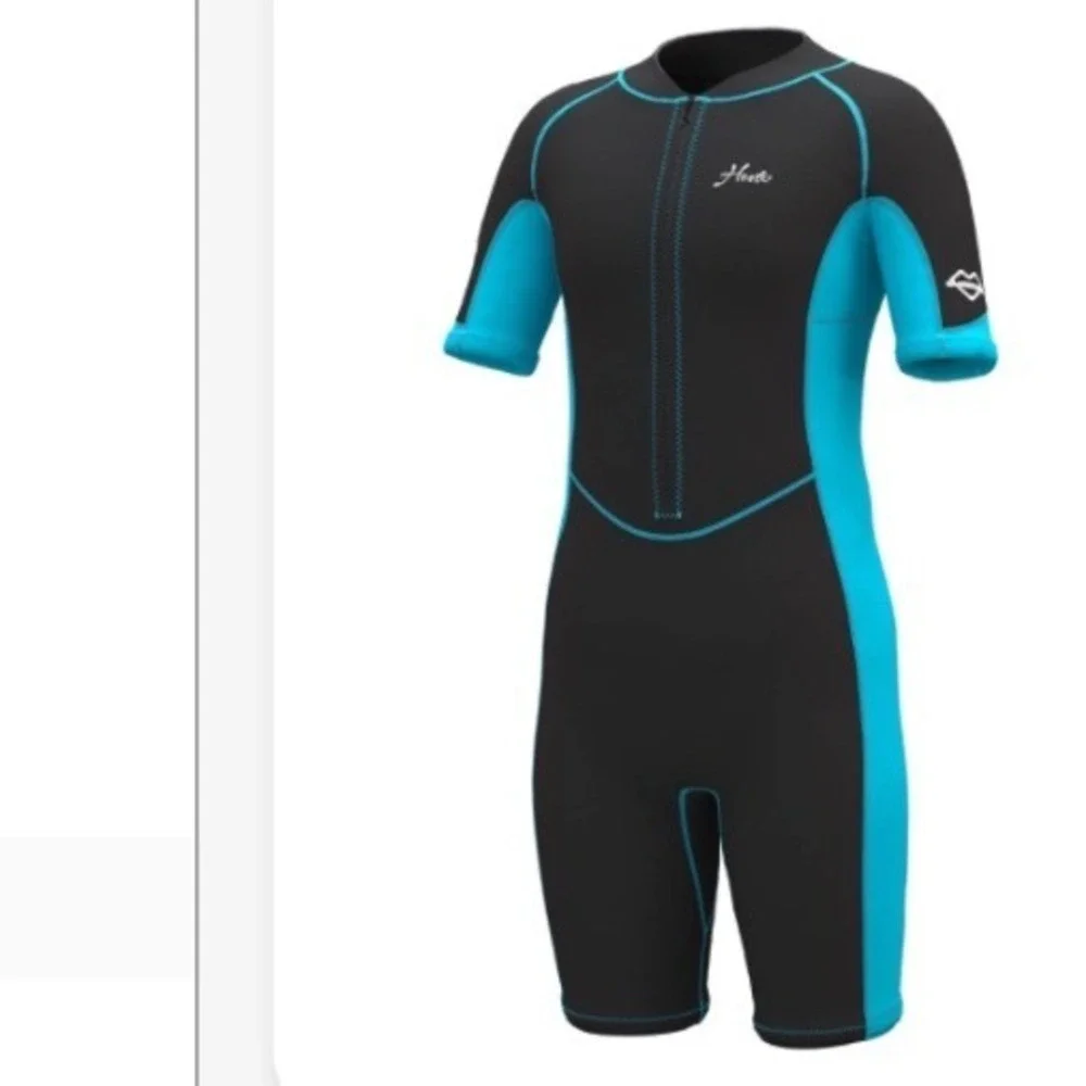 Heeto Wetsuit Kids Size 6 Black Blue New Shorty Front Zip Neoprene Short Sleeve